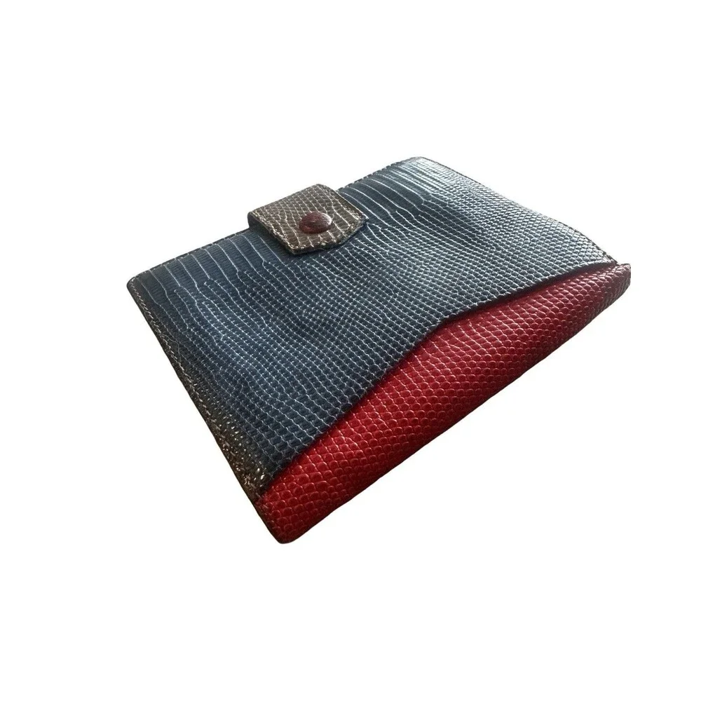 Do It Vintage Lizard Skin Bifold Wallet Colorblock Blue Red Exotic Leather Tab